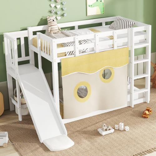 dowowdo Magisches Abenteuer-Etagenbett mit Rutsche & Treppe | Spielbett 90x200 cm, Bettvorhang, Rutschbahn, hoher Fallschutz, Weiß, MDF+Kiefer