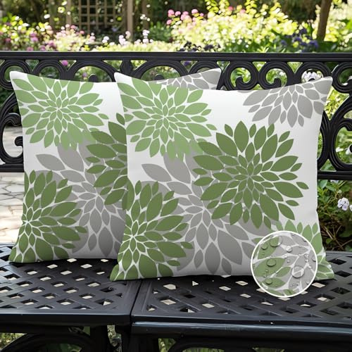 Ardjxue 2er Set Outdoor Kissen Grau Grün 50 x 50 Moderne Kissenbezüge Doppelseitig Dahlien Sommer Kissenbezug Sofakissen Deko Kissenhülle Sofakissen Dekokissen für Sofa Schlafzimmer Wohnzimmer