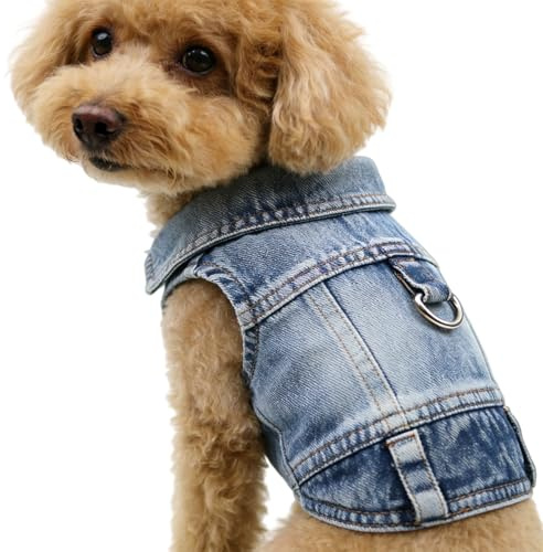 Hundejacke, Jeans Hundekleidung mit Metallhake für Welpen, Sommer Haustier Bekleidung Hundeweste Shirts für Welpen,Kleine Hunde (Blau, XL)