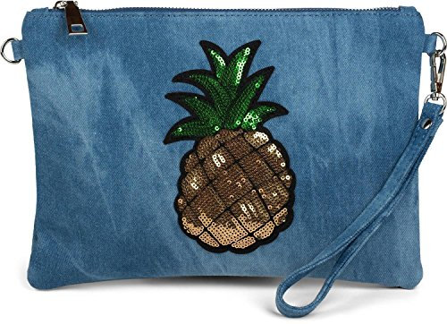 styleBREAKER bandoulière en Jeans avec Ananas à Paillettes Brillantes, Sangle de bandoulière et dragonne, Pochette, Femme, 02012176, Couleur:Bleu
