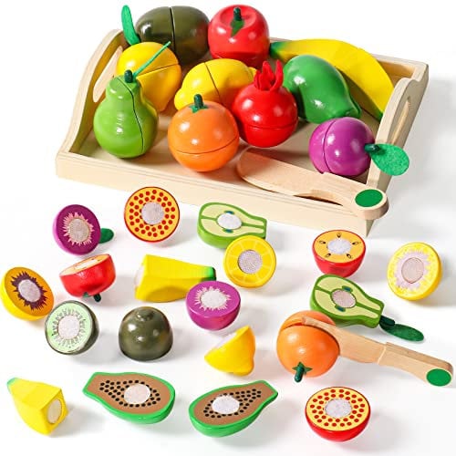 yoptote Kinderküche Spielküche Zubehör Holz Küchenzubehör Kinder Küchenspielzeug Obst Gemüse Lebensmittel Holzspielzeug mit Klett Montessori Spielzeug ab 2 Jahre Junge Mädchen Geschenk
