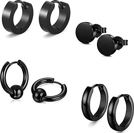 Jaetech 4 Paires Acier Inoxydable Boucle d’Oreille Anneau Homme Femme Ronde Clou d’Oreille Piercing (Noir)