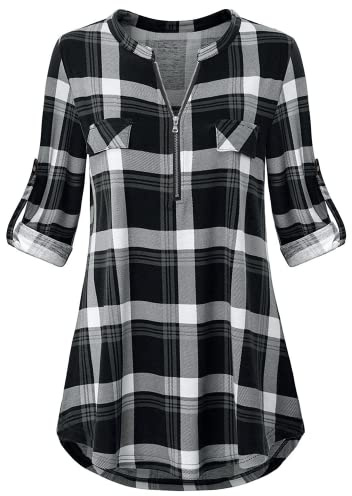 Odosalii Womens Zip Up Plaid Tunic Blouse Rolled Up Sleeve Polo Top Check Shirts, 1black, M