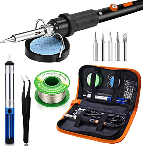 Preciva 11 in 1 Fer à Souder Set, 60W Température Réglable 220~480℃, 5 Pannes à Souderage, 1 Pince, Barre de Soudure avec ON/OFF pour la Maintenance Electrique (Noir)