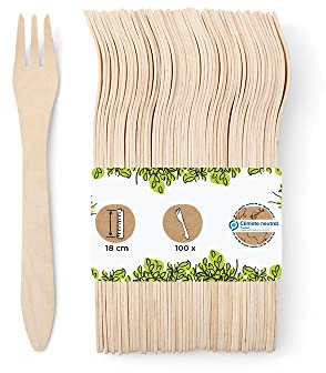 GREENBOX 100 Einweggabeln Holz I Einmalbesteck Partybesteck Holzbesteck Besteck Einweggeschirr biologisch abbaubar, kompostierbar Holzgabeln I stabiles Einwegbesteck Gabeln 18 cm