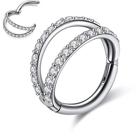 JSDDE Chirurgenstahl Nasenring Clicker 16G Septum Segmentring mit Kristall Doppelschicht Creolen Hinged Ohrringe universal Piercing für Helix Tragus Knorpel Lippen Ohr Daith 8mm (SIlber)