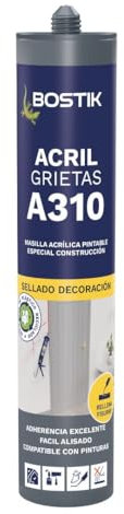 BOSTIK Masilla Acrílica, Blanco - A310 Acril Grietas, Sellador Especial Construcción, Fácil Aislado, Pintable, Adhesión Perfecta sin Impimación, Fácil de Aplicar y Limpiar, sin Disolventes, 310 ml