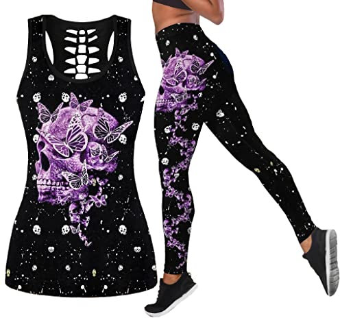 DRZHEAM Frauen 2 Stück Casual Totenkopf Outfits 3D Gedruckt Aushöhlen Tank Tops Yoga Leggings Jogger Sets Activewear (skull 02, XL)