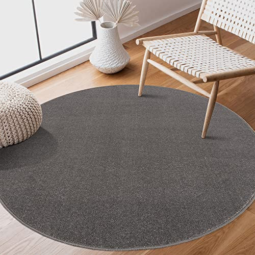 SANAT Kurzflor Teppich Wohnzimmer - Uni Modern Teppiche fürs Schlafzimmer, Arbeitszimmer, Büro, Flur, Kinderzimmer und Küche - Grau, 150 cm Rund
