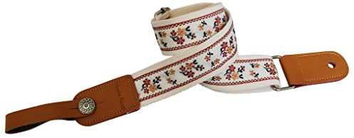 MUSIC FIRST Ukulelengurt, Vintage-Stil, Blumenmuster, bestickt und echtes Leder, Ukulelengurt mit echtem Lederband