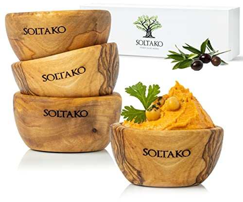 SOLTAKO Cuencos para Salsa de Madera de Olivo - Cuenco para Aperitivo - Plato de Servir - Cuenco de Madera Cruda para Quesos, Salsas, Embutidos, Frutos Secos - Ø 6 cm - Juego de 4 Cuencos