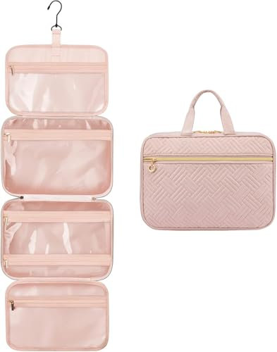 LOVEVOOK Kulturtasche Damen Gross, wasserdichte Kulturbeutel zum Aufhängen, Faltbare Waschtasche Kosmetiktasche Groß mit 360°Drehbare Haken, Waschbeutel Makeup Bag Cosmetic Bag für Damen. Rosa