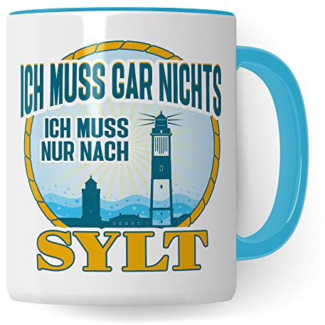 Tasse Sylt-Liebe mit Spruch Kaffee-Tasse Kaffee-Becher Geschenkidee für Syltliebhaber Geschenk Syltfan Tasse Insel Sylt lustig (Weiß/Blau)