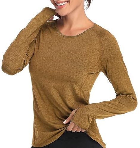 VUTRU Damen Laufshirt Langarm Sportshirt Schnell Trocken Fitness Yoga Top mit Daumenloch braun M