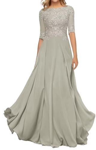 HYEC7 Women's Lace Appliques Mother of The Bride Dresses 3/4 Sleeve Long Formal Evening Dresses A Line Prom Dress Silver