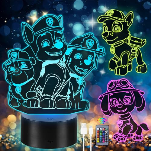 3 Stück Paw Dog Patrol Nachtlicht für Kinder,Paw Dog Patrol Spielzeug ab 2 3 4 5 6 7 Jahre Jungen Mädchen Geschenk,Paw Dog Patrol Lampe,3D LED Nachttischlampe,16 Farben Ändern mit Fernbedienung