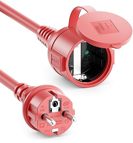 deleyCON 15m Outdoor Verlängerungskabel Stromkabel IP44 (H07RN-F 3G1.5mm²) Strom Verlängerung Witterungsbeständiges Gummi-Kabel für Außenbereich - Schutzkontakt Stecker auf Buchse - Rot