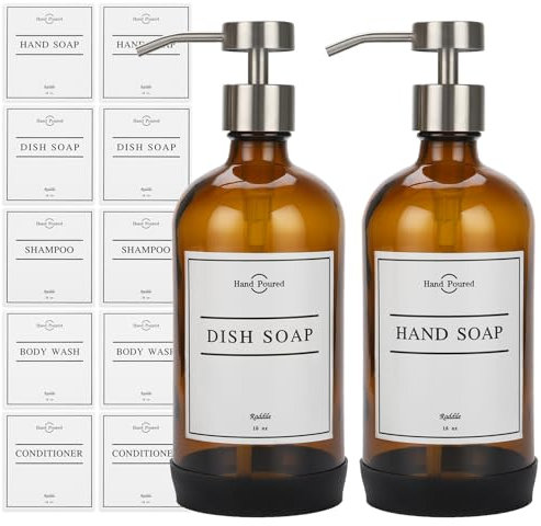 Seifenspender aus Glas mit Edelstahlpumpe, 10 wasserfesten Etiketten und Rutschfester Silikon-Schutzunterlage, 2er-Set für Badezimmer und Küche (Bernsteinfarbene Flasche + Silberne Pumpe)