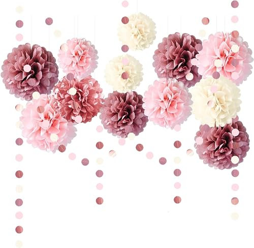 Partydekoration Pompons 15 Stück Rosa Weiß Seidenpapier Pompons Deko mit Tissue Papier Pom Poms und Dots Papier Girlande für Hochzeit Abschlussball Babyparty Geburtstag