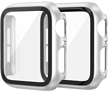 EDIMENS 2er Pack Hard PC Case Kompatibel mit Apple Watch Series 6 / SE / 5/4 44mm Damen Herren, Overall PC Case Slim Hartglas Displayschutz Schutzhülle für Apple iWatch 44mm SE Silber