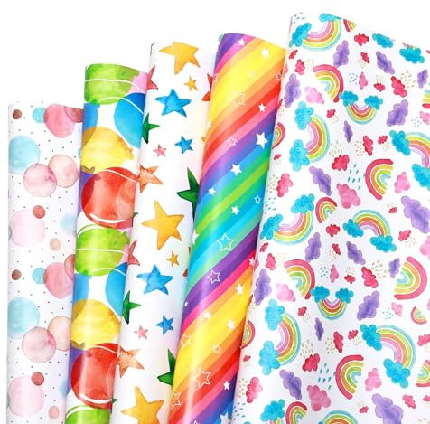 BBLIKE Geschenkpapier Kinder, 5 Blätter Geschenkpapier Geburtstag 70 * 50 cm Tiere gefaltetes Papier für Geburtstag,Ostern,Weihnachten,Schulanfang(Buntes Geschenkpapier für Kinder)