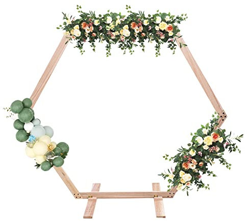 7.6 FT Hochzeitsbogen aus Holz Hexagonal Hochzeit Hintergrund Holz Hexagon Blume Arbor Stand Traubogen Hochzeit mit Basis