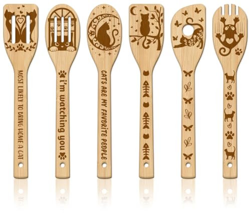 GLOBLELAND Juego de 6 utensilios de cocina de bambú para gatos, cucharas de cocina grabadas de madera, juego de espátulas de bambú, cuchara de cocina de madera para cocina, inauguración de la casa