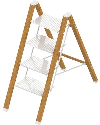 Lightweight Folding Step Ladder Household, Aluminum 4 Step Ladder Foldable for Home, Sturdy Step Stool for Adults 330 Lbs - White & Wood Grain