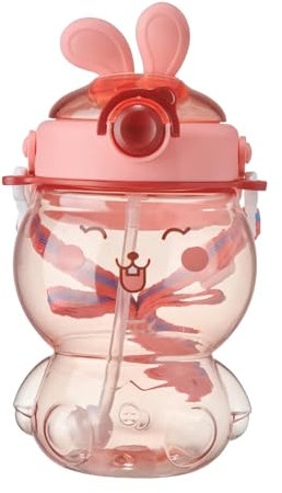 PORUPAEL Kaninchen Kawaii Trinkflasche 535 ml, Auslaufsicher Trinkflasche Kinder Kaninchen enflasche mit Schultergurt, Tragbare Kinder Wasserflasche für Schul, Reisen, Picknick (Rosa)