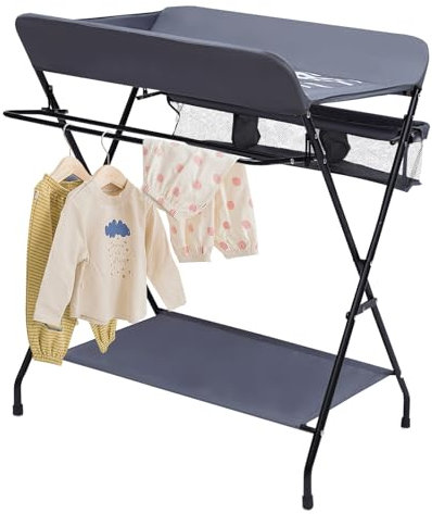 Ecoggeder Klappbare Wickelkommode mit Auflage Wickeltisch Klappbar Traglast bis 25 kg Ablagefläche mit Aufbewahrungskorb Wickelkombi für Wechseln von Kleidung und Windeln