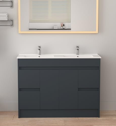 Robanmoa 1200mm Freestanding Bathroom Vanity Unit with Basin, Large Bathroom Storage Cabinets Waterproof Ceramic Sink Double Wash Basin Bowls 2-Drawer Floor Standing Cabinet Vanity Units