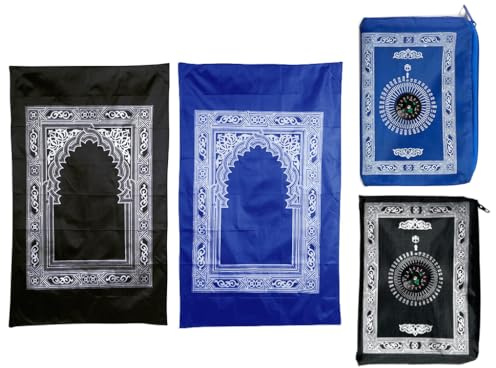 Abiyou 2 Stück Muslimische Gebetsmatte, Tragbare Reise-Gebetsmatte, Islamischen Tragbarer Gebetsteppich, Muslim-Gebetsteppich mit Kompass, für Muslimisches Gebet, Ramadan, Eid al-Fitr (Blau,Schwarz)