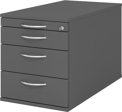 bümö Rollcontainer mit Schubladen, Container abschließbar aus Holz in Graphit - Rollwagen für's Büro als Schreibtisch Unterschrank, Bürocontainer od. Schreibtischcontainer mit Bogengriffe