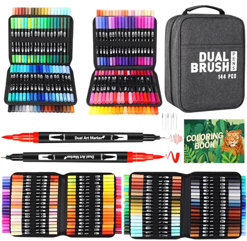 TrendGate Dual Brush Pen Set, 144 Farben Fineliner und Pinselstifte Set, Doppel Filzstifte Dicke und Dünne mit Malbücher für Handlettering, Bullet Journal, Mandalas Stifte für Kinder und Erwachsene