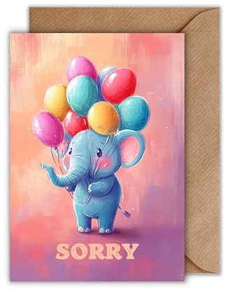 Entschuldigung Karte mit Umschlag - Sorry-Karte Wiedergutmachung Versöhnungskarte Reuekarte Elefant mit Luftbalons Tiere Acrylfarben (DIN A6)