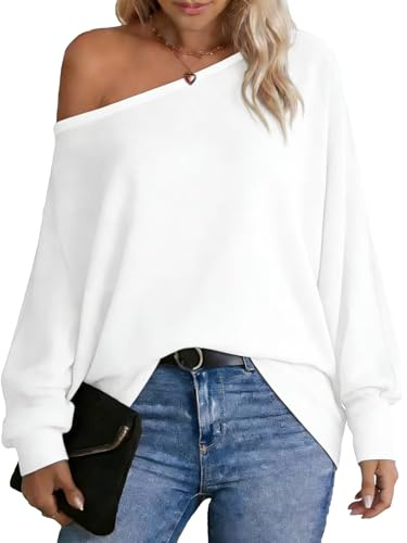 Dressmine Off The Shoulder Tops for Women Jumper Batwing Loose T Shirts | Oversized Tee,Autumn Fashion Clothes,Tunic Top,Bardot ,Sexy,Going Out,Stretchy,Lightweight