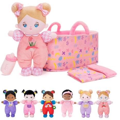 OUOZZZ Baby Puppe mit Tragetasche und Puppenzubehör Rosa, 25cm Weiche Stoffpuppe Blaue Augen, Kuschelpuppe für Kinder ab 3 Monaten - Baby Geschenk zur Geburt Mädchen Jungen