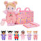 OUOZZZ Baby Puppe mit Tragetasche und Puppenzubehör Rosa, 25cm Weiche Stoffpuppe Blaue Augen, Kuschelpuppe für Kinder ab 3 Monaten - Baby Geschenk zur Geburt Mädchen Jungen