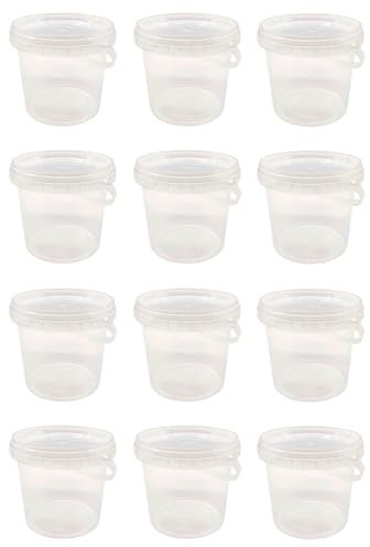 Tradineur - Pack de 12 Cubos Transparentes de plástico con Tapa y asa, Aptos para Uso alimentario, herméticos y estables, Fabricados en España - 500 ml