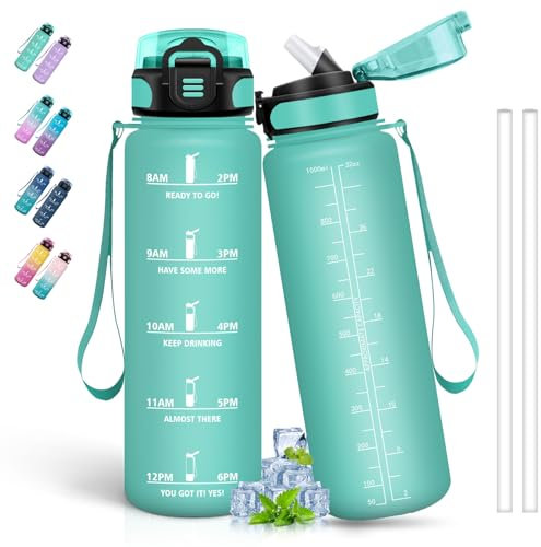 Borraccia, Borraccia 1 Litro, Borraccia Motivazionale, Senza Perdite, Borraccia con Cannuccia per Adulti, Borraccia con Orari per Bere, Borracce per Ciclismo, Sport, Yoga, Campeggio, Trekking, Verde