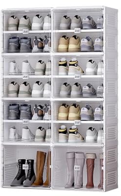 MAYIBOX klappbarer Schuhschrank,Transparente Schuhboxen, stapelbar, 8 Stück mit magnetischer Tür, für Stöckelschuhe, Stiefeletten, Pumps (2 Spalten 8 Schichten 36 Paar)