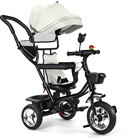 OHMG 5-in-1 Baby-Dreirad, skalierbar, Kinderwagen mit Schiebegriff, abnehmbarem Dach, 5-Punkt-Sicherheitsgurt, Aufbewahrung, Fußstütze, Bremse, für Kinder von 1 bis 5 Jahren