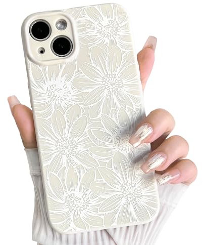 NITITOP Compatible with iPhone 14 Plus Case Cute Flower Floral for Women Girls Sunflowers Pattern Aesthetic Slim TPU Silicone Full Camera Shockproof Protective Cover - White