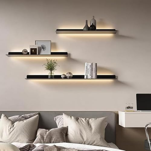 simdennr Metal Wall Mounted Floating Shelves with Led Lights, Hanging Display Rack for Livingroom Kitchen Bathroom, Built-in Illuminated Led Light Display Shelf,Black,40CM