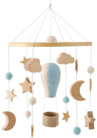 Hölz Babybett Mobile Baby Windspiel mit Filzbällen Wolke und Stern Babyzimmer Mobile, Mobile Baby Holz mit 3D Filz Heißluftballon, Geschenk für Neugeborenen Junge Mädchen (xingyuelan,1 pcs)