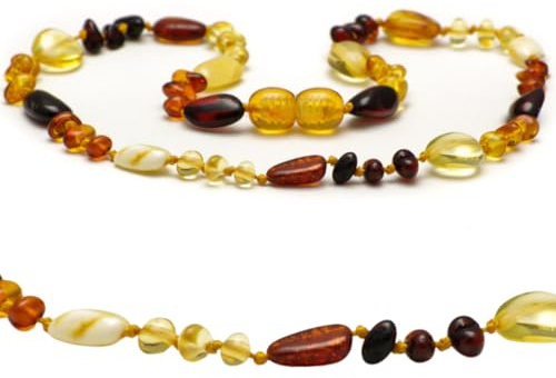 Bernsteinkette Handgefertigt – Echter Naturbernstein Schmuck für Damen, Herren & Teenager – Unisex Kette, Ostsee Bernstein, Geschenkidee, Glücksbringer, Edelsteinkette (Multicolor Glanz, 33 CM)