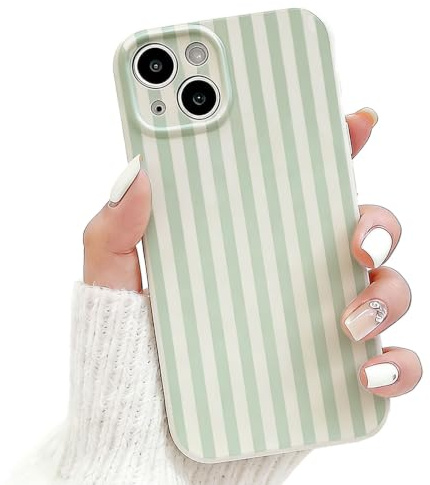 NITITOP Compatible with iPhone 14 Case Cute Striped Design Aesthetic for Women Girls Full Camera Slim TPU Shockproof More Protective Cover - Green