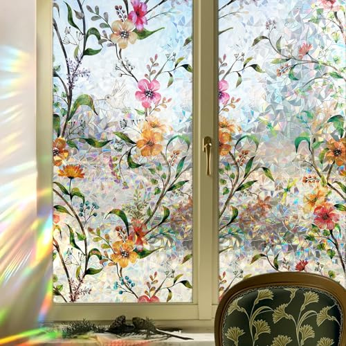 DARUITE Fensterfolie Bunt Fensterfolie Blickdicht mit Blumenmuster Elektrostatische Nicht Klebende UV-beständige Sichtschutzfolie Fenster Für Home, Office 44 x 200cm