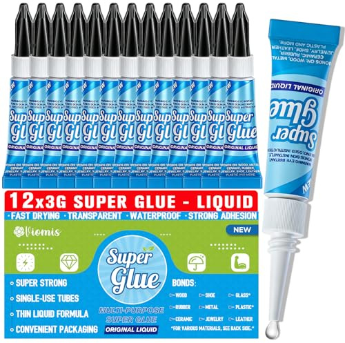 Viomis Super Glue, Clear Glue, 12 Pack 3 Gram Tubes | All Purpose and Fast Setting for Projects and Repairs