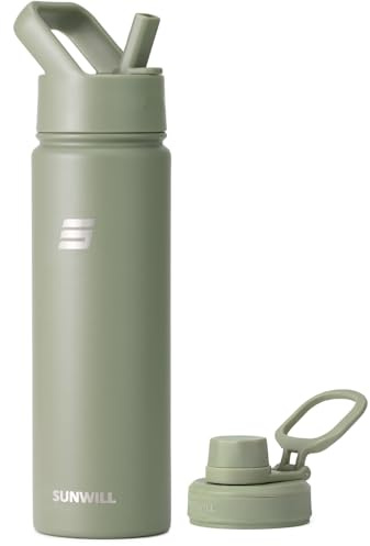 SUNWILL Metal Water Bottle with Straw Stainless Steel, 650ml Insulated Leakproof Thermal Flask for Cold and Hot Drink, Travel, Sports, Gym, Sage Green